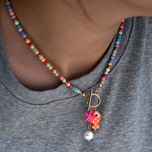 Bohemian Sea-Inspired Ceramic Fish & Starfish Necklace